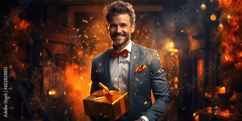 white adult handsome man holds a box with gift in hands