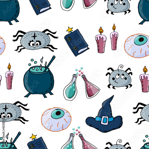 Seamless pattern Halloween - eye, cauldron with potion, flasks with potion, candles, witch hat, spell book, spiders. Vector doodle illustration white background for packaging, wallpaper, web 