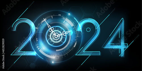 Happy New Year 2024 celebration with white light abstract clock on futuristic technology background, countdown concept, Can rotate clock hands, vector illustration