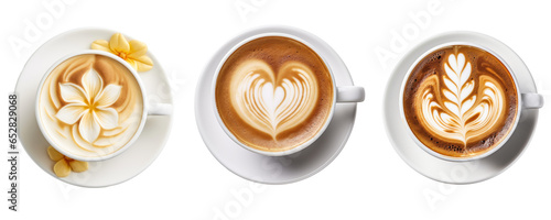 Cup of coffee photographed from above, latte art, heart, flowers, pattern, isolated