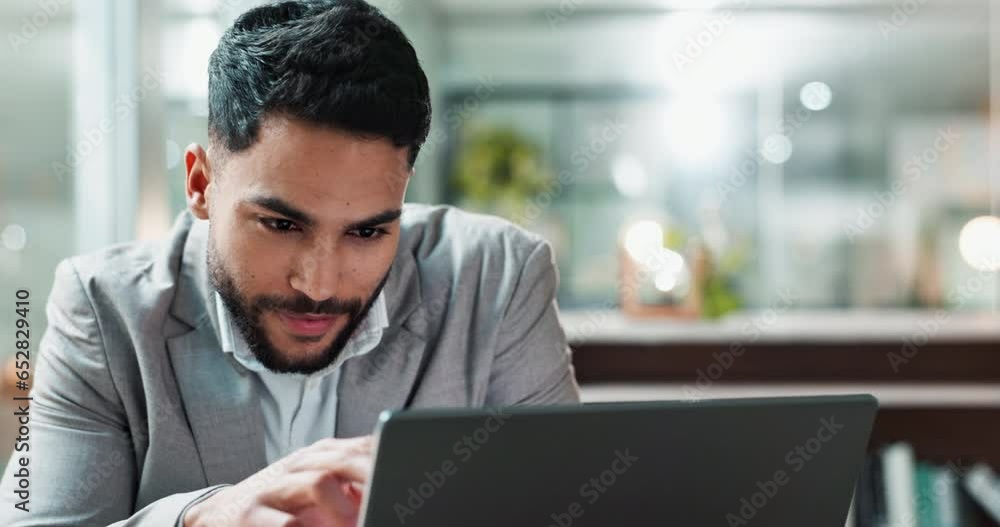Laptop, email and smile with a business man at work in his office for a project management report. Computer, research and information with a happy young employee reading communication in the office
