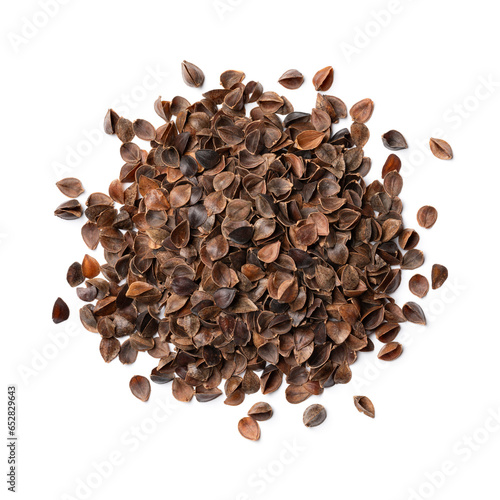 Cuadro en lienzo Heap of buckwheat hulls isolated on white background close up