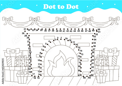 Cute dot to dot game for kids with indoor interior for Christmas night with fireplace and gift boxes,