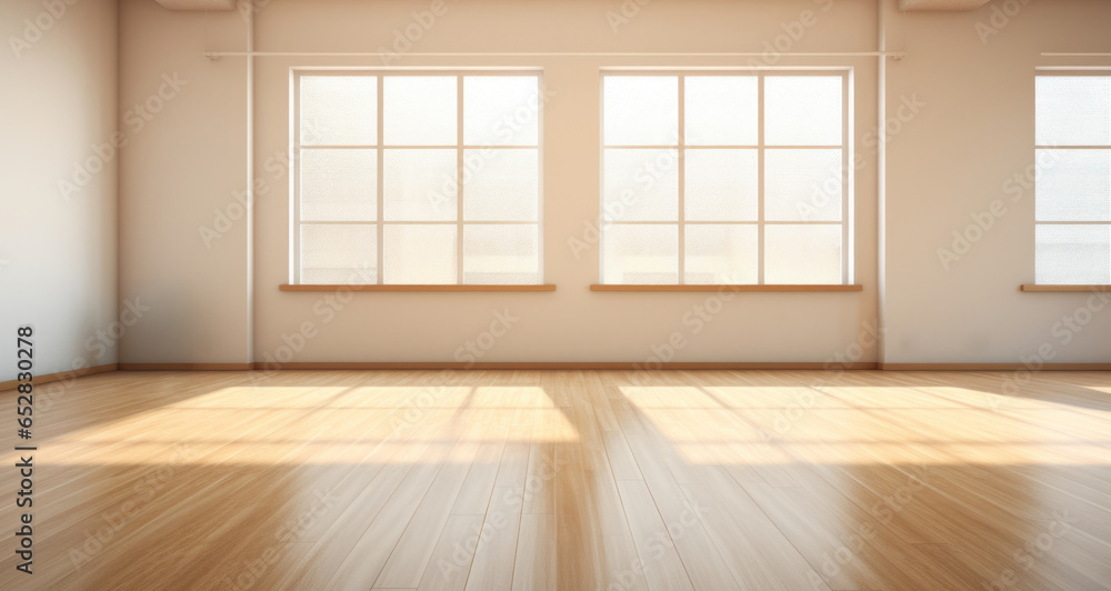 An empty, sunlit yoga studio with bamboo flooring An empty, sunlit yoga studio with bamboo flooring