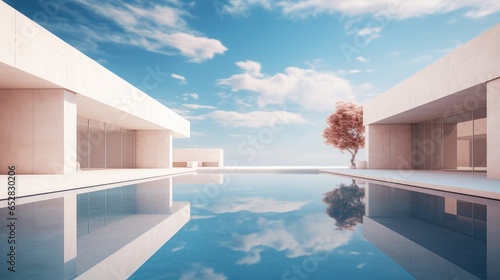 Modern, minimalist courtyard with a reflective pool © valgabir