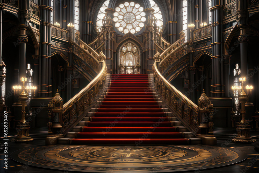 Red carpet on the stairs in the palace, solemn ceremony. AI generative.