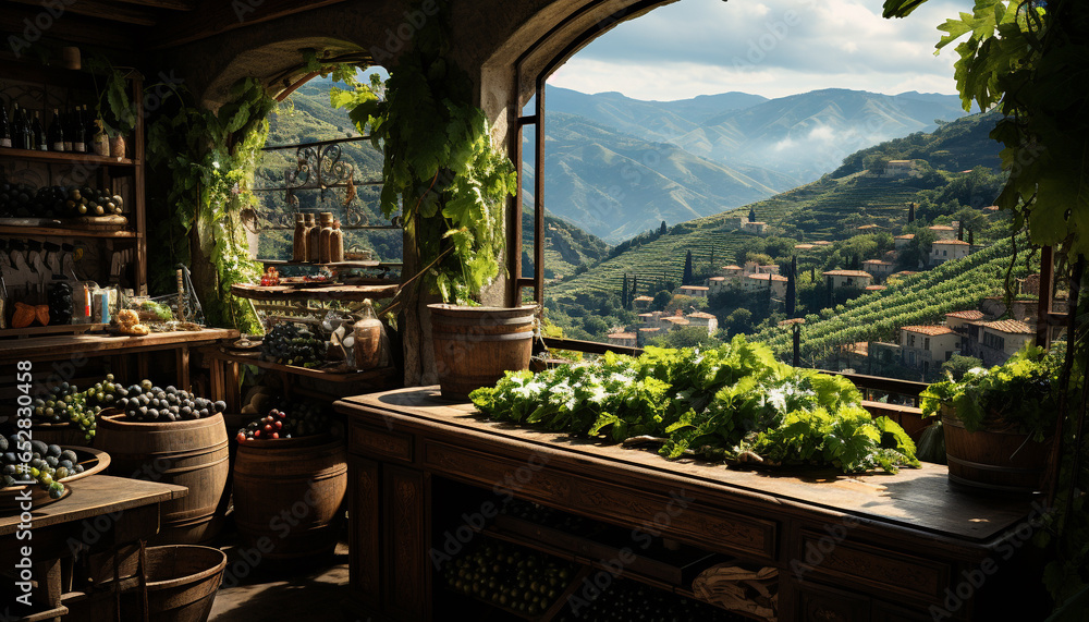 A rustic winery in the mountains, surrounded by green vineyards generated by AI - obrazy, fototapety, plakaty 