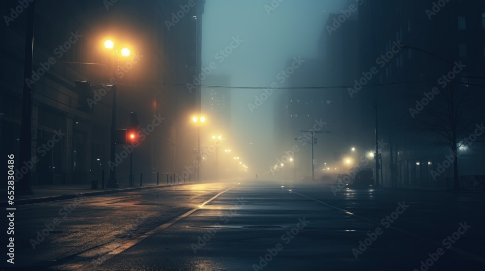 An empty, fog-shrouded city street with glowing streetlights