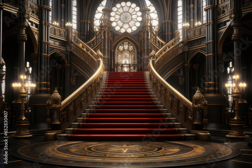 Red carpet on the stairs in the palace  solemn ceremony. AI generative.