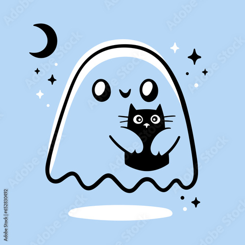 Ghost holding cat illustration. Sheet ghost and cuddly toy. Fall season aesthetic cute flat design with ghost and cats. Minimalist vector illustration. Baby, toddler and child bedtime concept.