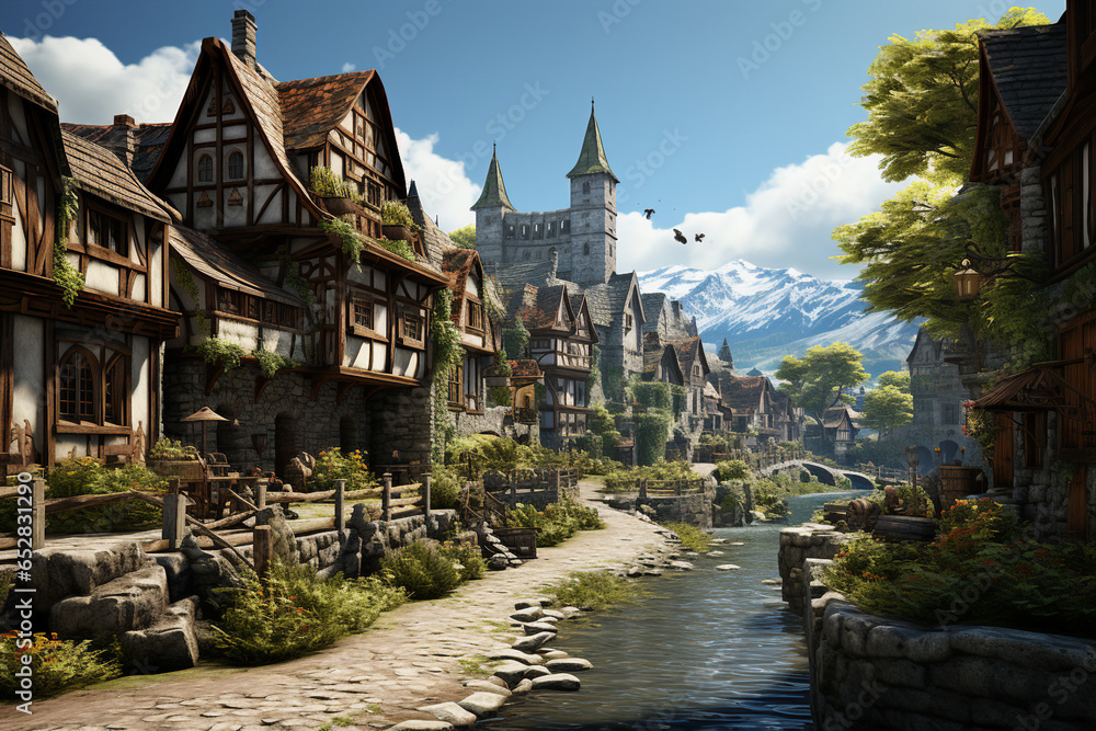 Medieval village background environment for computer mobile game generative AI picture