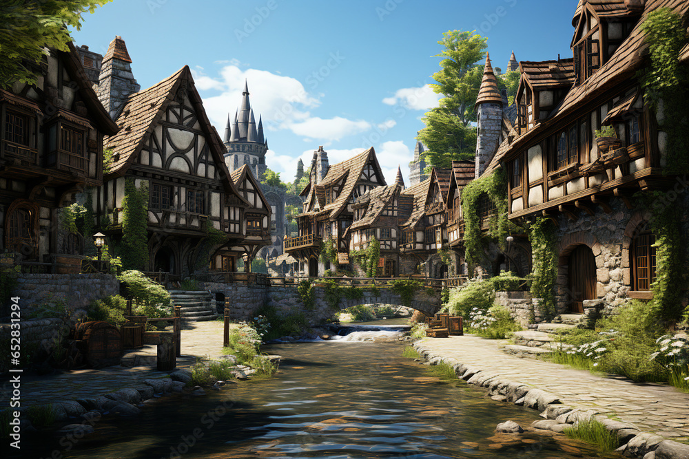 Medieval village background environment for computer mobile game generative AI picture Medieval village background environment for computer mobile game generative AI picture