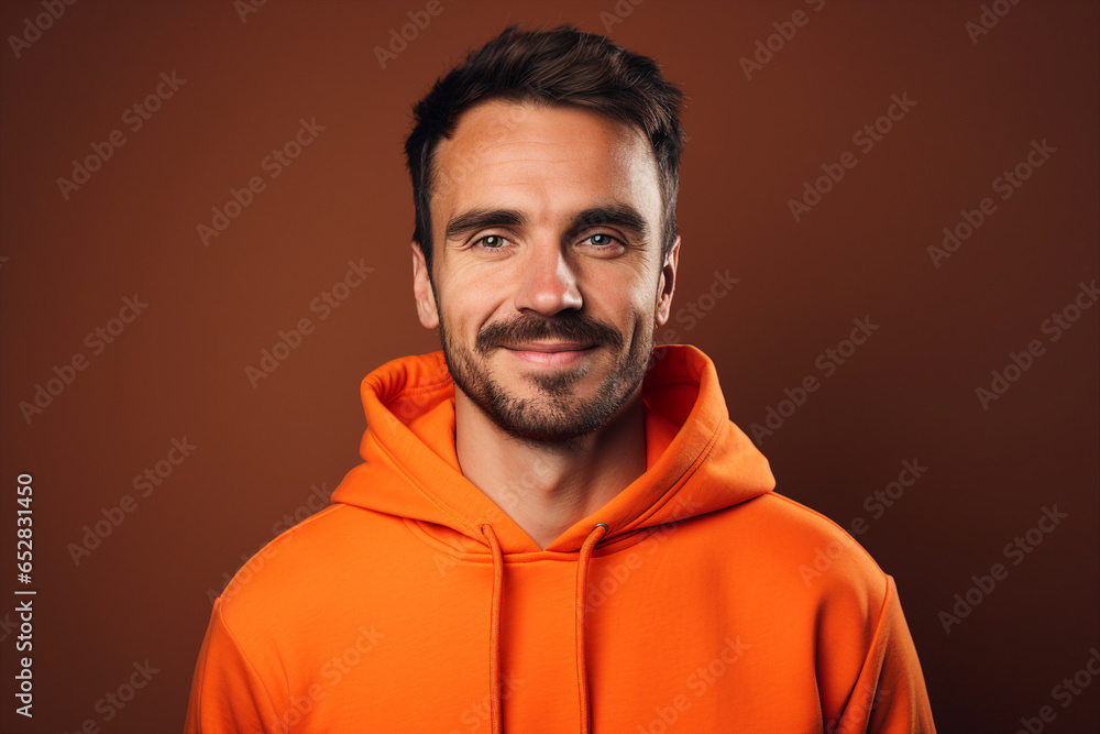 Fototapeta premium Handsome young man with clean fresh skin nice beard isolated on brown color background generative AI photography