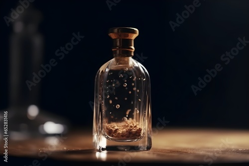 corked glass perfume bottle with little splash water on blurry background