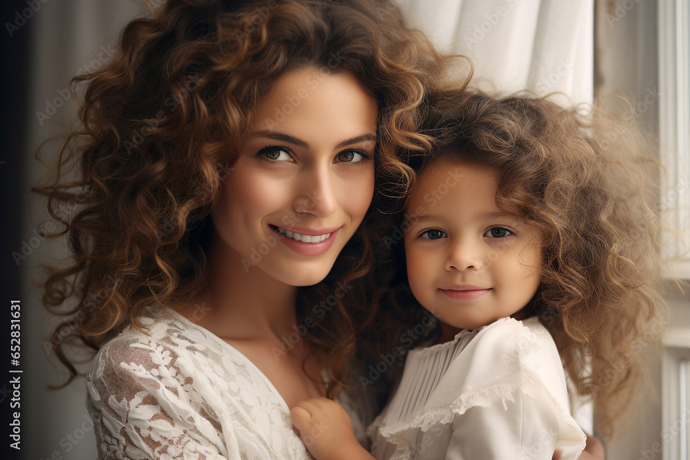 Generative AI photography of young lovely mother walking and hugging small cute baby Generative AI photography of young lovely mother walking and hugging small cute baby