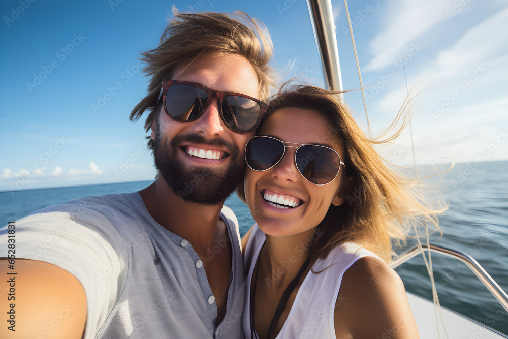 Happy couple of lovers enjoying sail boat trip experience in the ocean - Boyfriend and girlfriend taking selfie picture outside on summer vacation Happy couple of lovers enjoying sail boat trip experience in the ocean - Boyfriend and girlfriend taking selfie picture outside on summer vacation