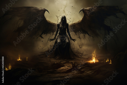 Genrative ai collage picture of evil satanic inferno with dark wings fallen angel in hell photo