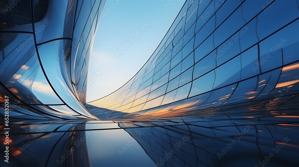 Low angle view of futuristic architecture, Skyscraper of office building with curve glass window, - obrazy, fototapety, plakaty 