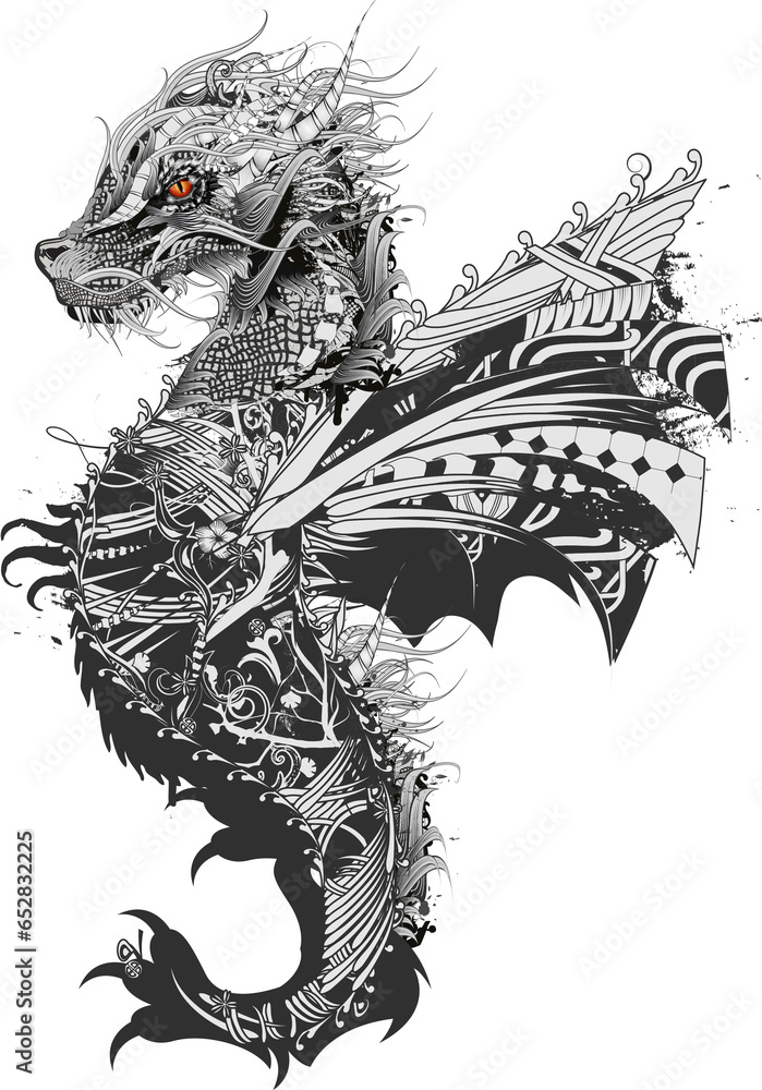  Foto zu kunstvoll gestalteter mystischer Drache Zeichnung und Collage aus 