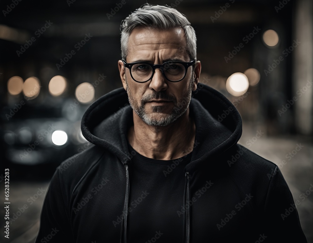 Freundlich schauender 40-jähriger Mann mit grauen Haaren und dunkler Brille trägt einen schwarzen Hoodie und befindet sich auf der Straße - obrazy, fototapety, plakaty 