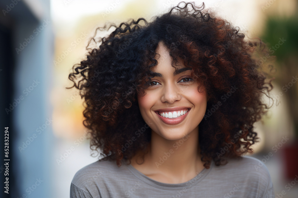 Generative AI picture of beautiful young woman afro volume hair style in the street sunny day Generative AI picture of beautiful young woman afro volume hair style in the street sunny day