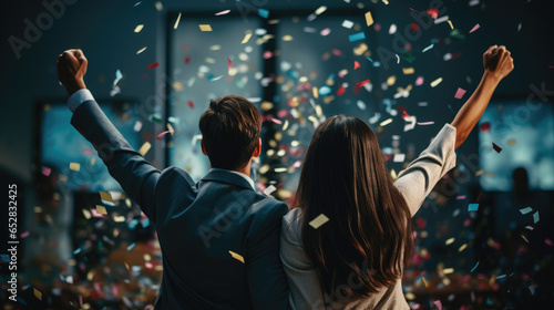 Team Work Makes the Dream Work - A Couple of Man and a Woman Raising Hands & Celebrating Success at the Workplace with Raining Confetti in the Background