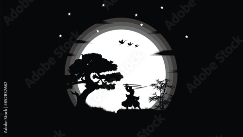 illustration vector graphic of Ninja, Assassin, Samurai training at night on a full moon. Perfect for wallpaper, poster, etc.