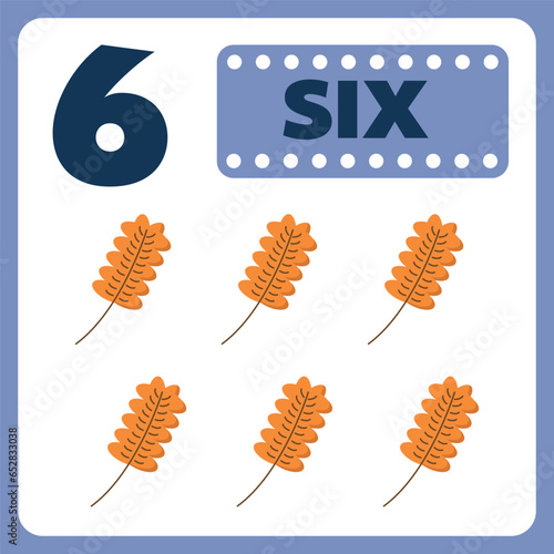 Cute numbers flashcard. Number 6. Educational design for preschool or kindergarten kids.