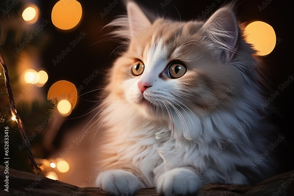 Cute kitten against the background of Christmas bokeh, and Christmas decorations, Christmas tree. Happy New Year and Merry Christmas! Banner