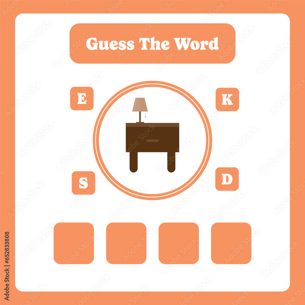 Guess the word. Desk vector. Educational spelling game for kids. Learning vocabulary. Printable worksheet for children. Preschool, kindergarten or elementary age activity page. Guess the word. Desk vector. Educational spelling game for kids. Learning vocabulary. Printable worksheet for children. Preschool, kindergarten or elementary age activity page.
