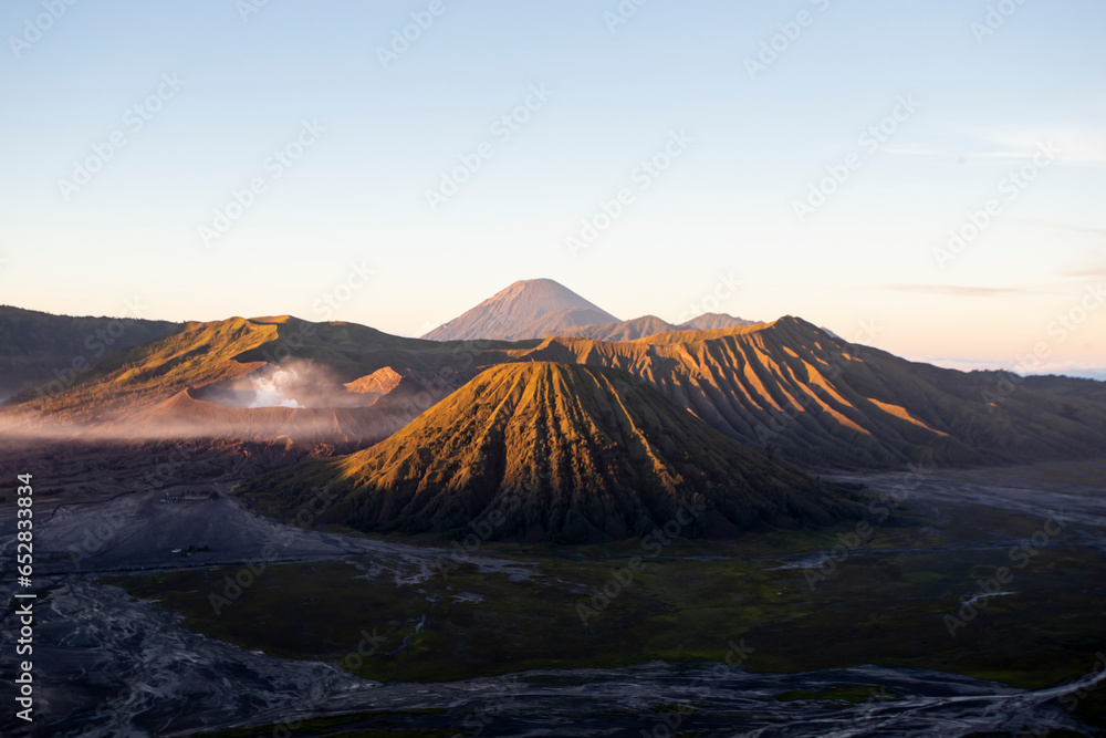 Panoramic View Of Bromo Volcano At Sunrise In East Java, Indonesia. Mount Bromo Is Arguably One Of The Most Famous Scenic Attractions In Indonesia.