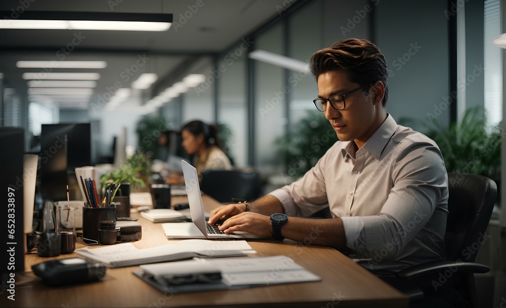 photo of a man sitting with his hands on a laptop keyboard inside the office