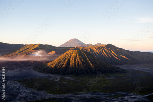 Panoramic View Of Bromo Volcano At Sunrise In East Java  Indonesia. Mount Bromo Is Arguably One Of The Most Famous Scenic Attractions In Indonesia.