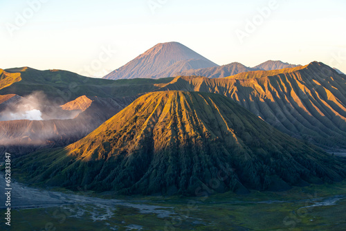 Panoramic View Of Bromo Volcano At Sunrise In East Java, Indonesia. Mount Bromo Is Arguably One Of The Most Famous Scenic Attractions In Indonesia.