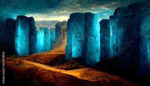 Glass canyon myserious glowing blue runes on walls glass canyon walls forbidden history foreboding mood desert  photo