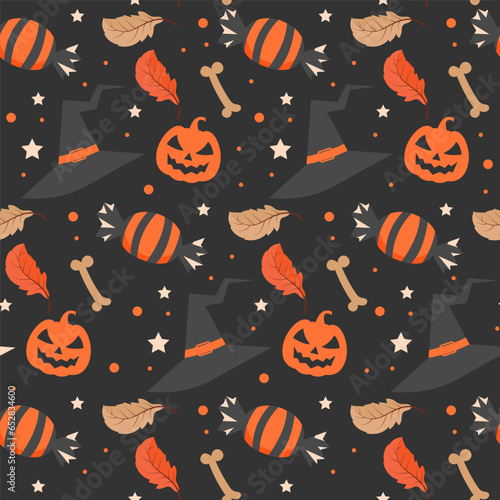Dark halloween pattern with witch hat and halloween candy