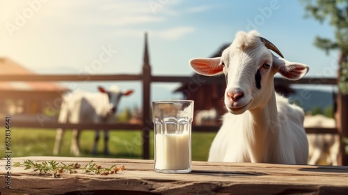 Farm milking goats, fresh milk on a wooden table with goats in the pasture in the background.