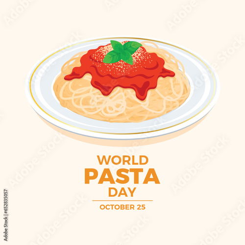 World Pasta Day poster vector illustration. Plate of spaghetti with tomato sauce, cheese and basil leaf icon vector. Pasta on a plate drawing. October 25 every year. Important day