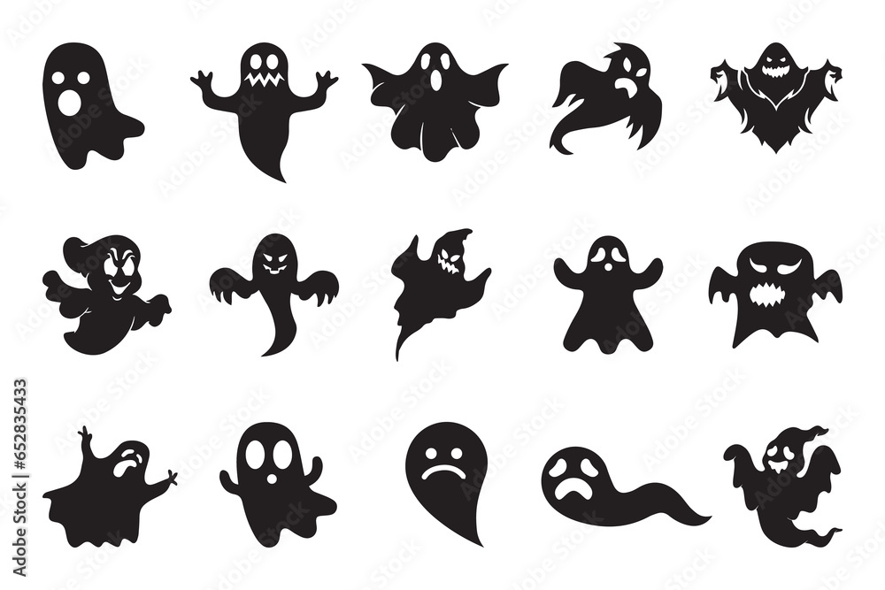 Obraz premium Set of spooky ghost silhouette in different shapes isolated on white background