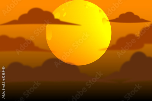 Full moon on the sky. Super full moon with orange background. Harvest moon. Mid Autumn Festival full moon. Moonlight night with clouds.