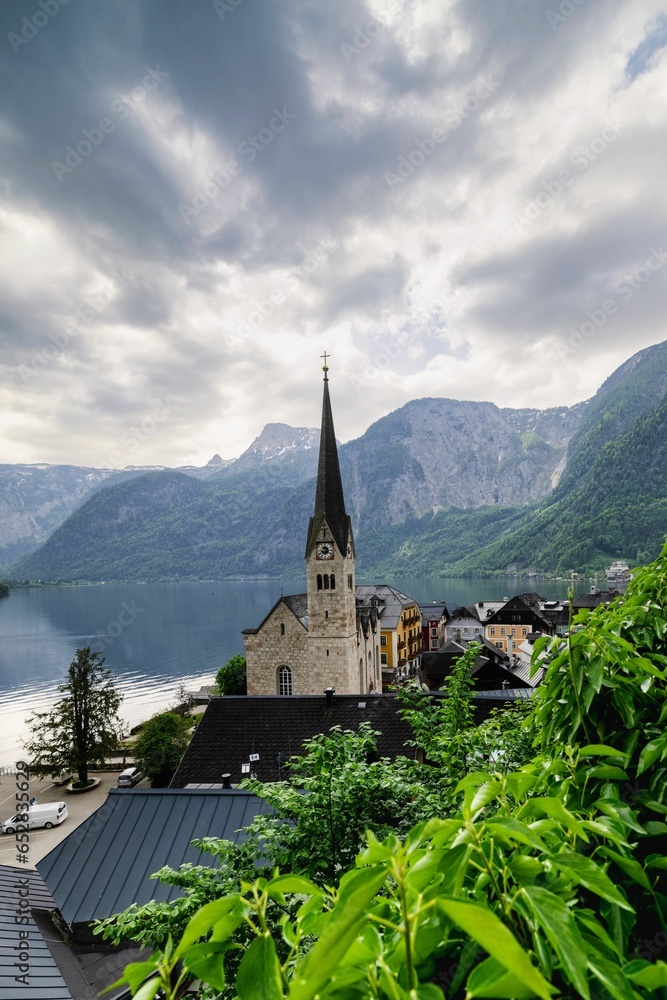 Quaint old town of Hallstatt situated in the midst of a mountainous region