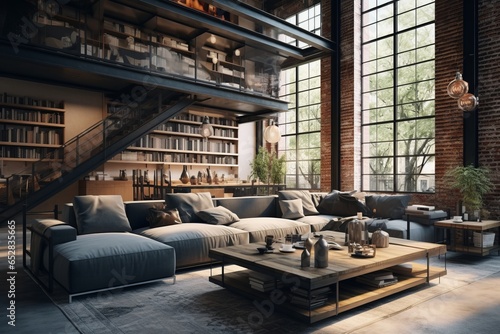 Generative AI Modern design of a smart home. The interior of the living room in loft style with a large panoramic window and a brick wall. Wooden coffee table near the sofa.