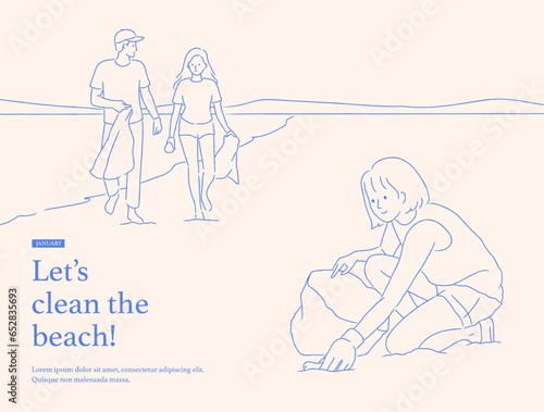 People are picking up trash on the beach. Sea coast clean, Coastal pollution, Ocean, Cleaning seaside, Ecology protection movement. Web. Trendy hand drawn style. Flat design line vector illustration.
