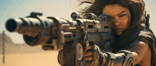 Portrait of sci-fi female soldier in futuristic amour shooting gun. Anamorphic 4k footage photo