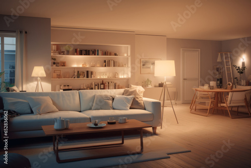 Generative AI Modern interior design of the living room in light pastel colors. A white sofa with pillows and a wooden coffee table. Evening dimmed light from lamps.