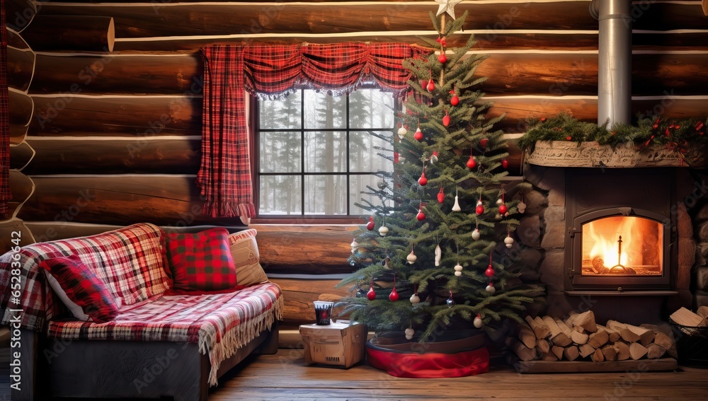 Christmas tree and fireplace in a log house. Interior of a wooden house