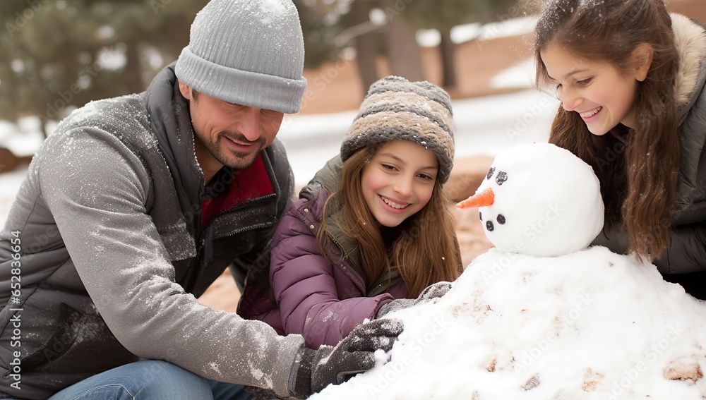 Obraz premium Happy family playing with snowman in winter park.