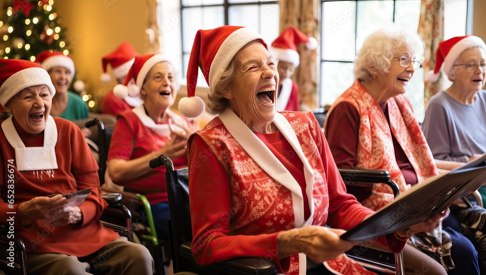Fototapeta premium Senior woman in a wheelchair singing Christmas songs in front of her family