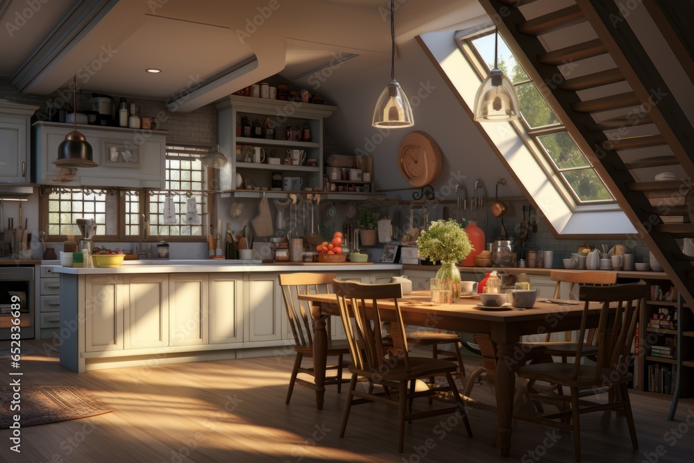 Generative AI Modern interior design of Scandinavian kitchen with dining table and chairs. There are many different dishes and modern kitchen appliances.