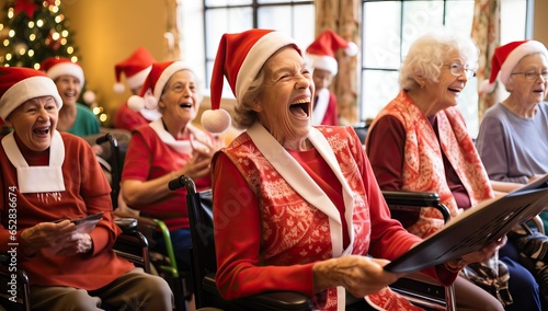 Senior woman in a wheelchair singing Christmas songs in front of her family